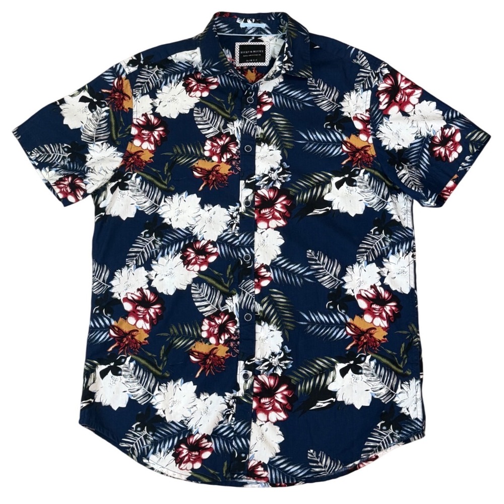 Ricky & Micky Navy Blue Tropical Floral Button-Up Shirt - Slim Fit - Size Medium